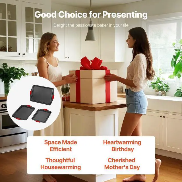 Alt view image 14 of 15 - Baking Pans Set, 3-Piece, Nonstick Carbon Steel Cookware Sheets & Trays, Stackable Kitchen Oven Bakeware Cooking Sets with Silicone Handles, Easy to Clean, for Baking Cookie Cake Muffin Bread