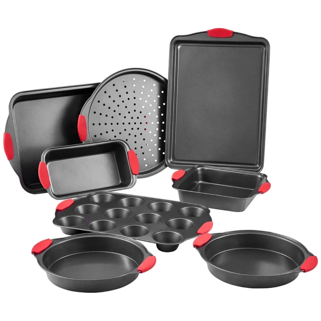 Alt view image 8 of 14 - Baking Pans Set, 8-Piece, Nonstick Carbon Steel Cookware Sheets & Trays, Stackable Kitchen Oven Bakeware Cooking Sets with Silicone Handles, Easy to Clean, for Baking Cookie Cake Muffin Bread