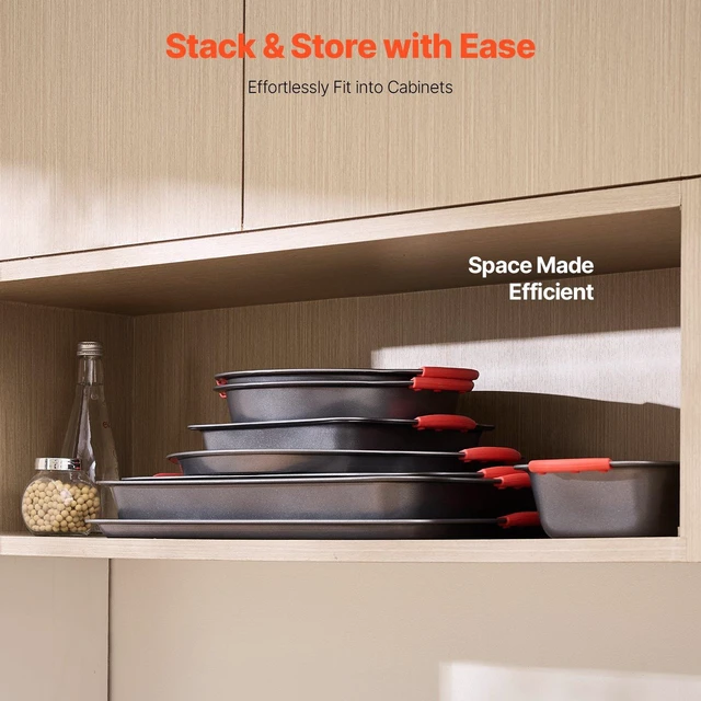 Alt view image 13 of 14 - Baking Pans Set, 8-Piece, Nonstick Carbon Steel Cookware Sheets & Trays, Stackable Kitchen Oven Bakeware Cooking Sets with Silicone Handles, Easy to Clean, for Baking Cookie Cake Muffin Bread