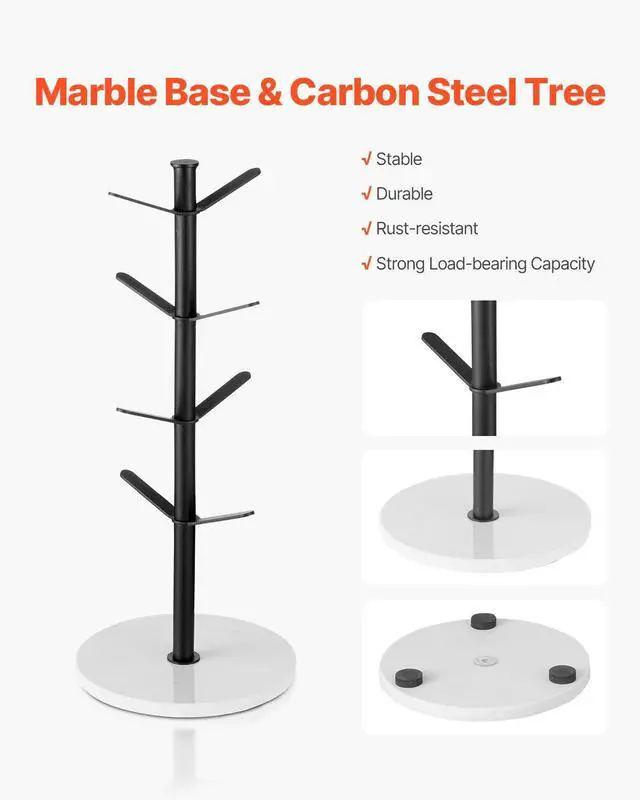 Alt view image 5 of 8 - VEVOR Mug Holder Tree with Marble Base, 8 Hooks Coffee Cup Holder for Counter, Carbon Steel Mug Tree Cup Rack Stand, Upgraded Coffee Cup Tree for Coffee Bar Kitchen Home Organizer (Matte Black)