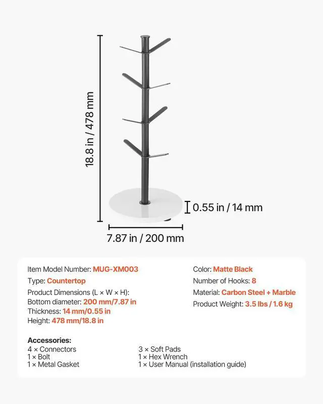 Alt view image 7 of 8 - VEVOR Mug Holder Tree with Marble Base, 8 Hooks Coffee Cup Holder for Counter, Carbon Steel Mug Tree Cup Rack Stand, Upgraded Coffee Cup Tree for Coffee Bar Kitchen Home Organizer (Matte Black)