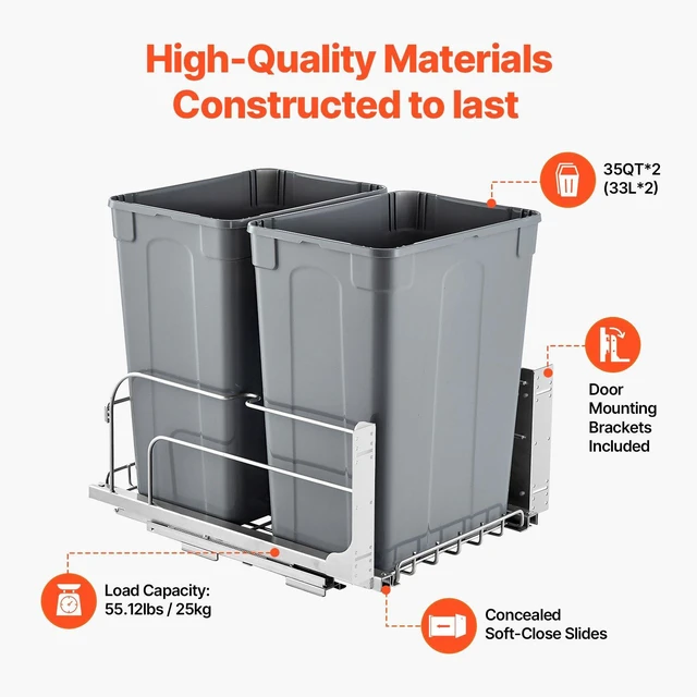 Alt view image 4 of 14 - Double Pullout Waste Container Kitchen Trash Can with Soft Close Grey 35QTx2