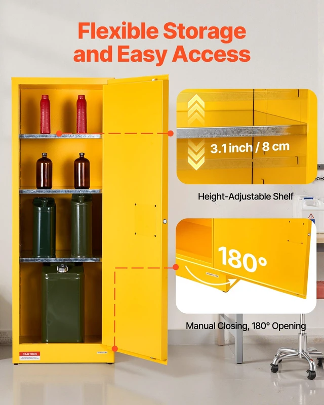 Alt view image 13 of 15 - Flammable Cabinet, 23.2 x 18.1 x 65.0 inch, 23 Gallon Flammable Storage Cabinet with Adjustable Shelf, Cold-Rolled and Galvanized Steel Fire Cabinets, for Commercial Industrial Home Use, Yellow