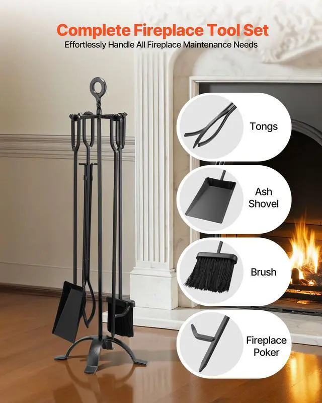 Alt view image 9 of 14 - Fireplace Tool Set, 5 PCS Fire Tool Set and Holder with Four-Prong Stand, Tongs, Ash Shovel, Brush, Fire Place Poker, Wrought Iron Fireplace Accessories for Campfire Indoor/Outdoor, Black