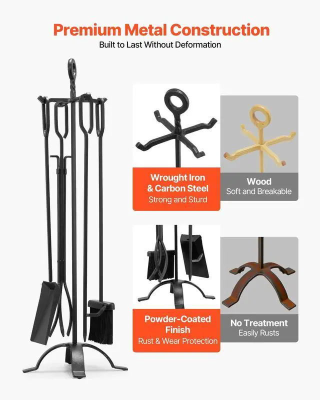 Alt view image 10 of 14 - Fireplace Tool Set, 5 PCS Fire Tool Set and Holder with Four-Prong Stand, Tongs, Ash Shovel, Brush, Fire Place Poker, Wrought Iron Fireplace Accessories for Campfire Indoor/Outdoor, Black