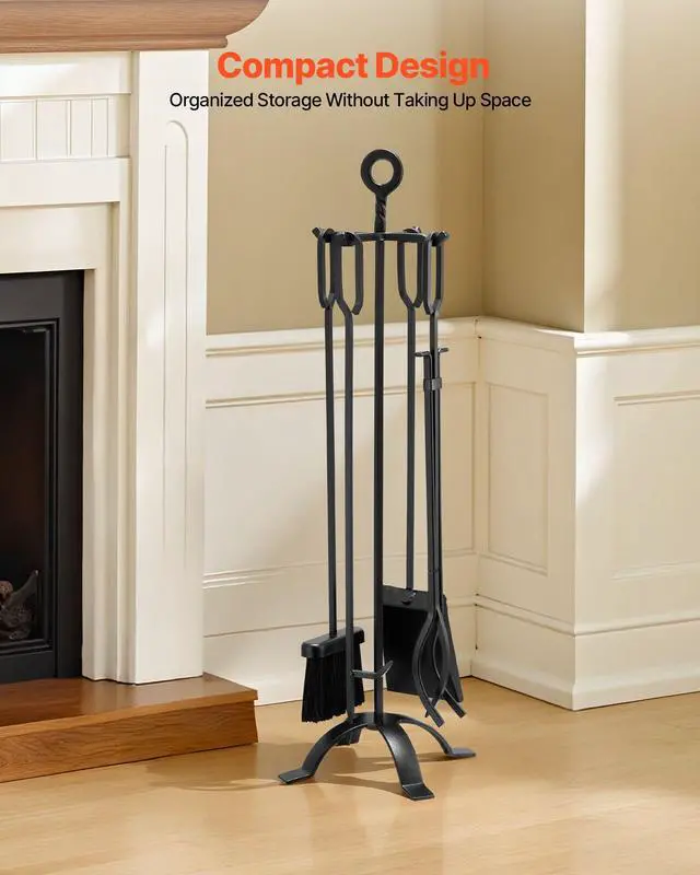 Alt view image 12 of 14 - Fireplace Tool Set, 5 PCS Fire Tool Set and Holder with Four-Prong Stand, Tongs, Ash Shovel, Brush, Fire Place Poker, Wrought Iron Fireplace Accessories for Campfire Indoor/Outdoor, Black