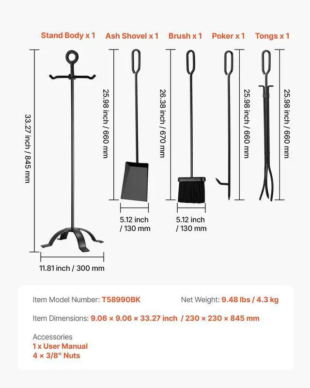 Alt view image 14 of 14 - Fireplace Tool Set, 5 PCS Fire Tool Set and Holder with Four-Prong Stand, Tongs, Ash Shovel, Brush, Fire Place Poker, Wrought Iron Fireplace Accessories for Campfire Indoor/Outdoor, Black