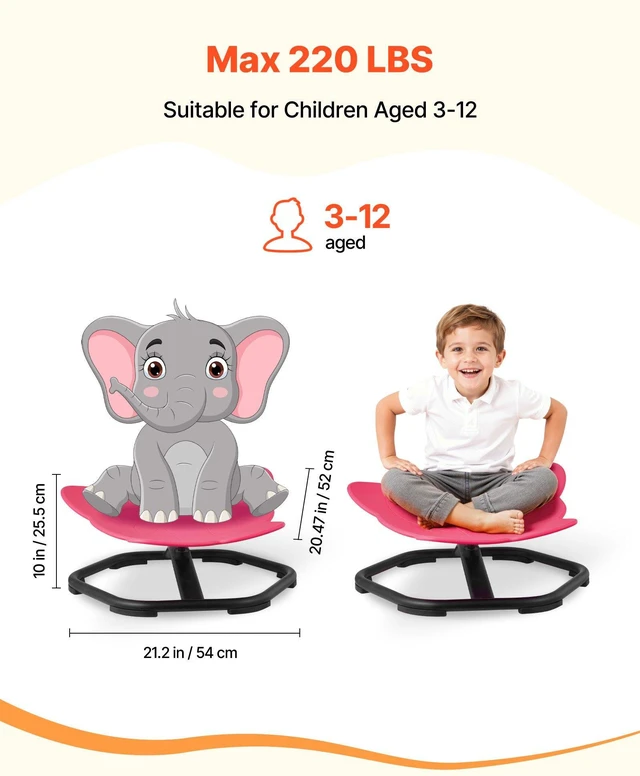 Alt view image 2 of 8 - VEVOR Kids Swivel Chair, 220 lbs Capacity, Elephant Shape Sensory Spinning Chair, Autistic Kids Sensory Toy Seat with Non-Slip Metal Base, Toddler Sit & Spin Seat for Coordination Balance Focus, Red