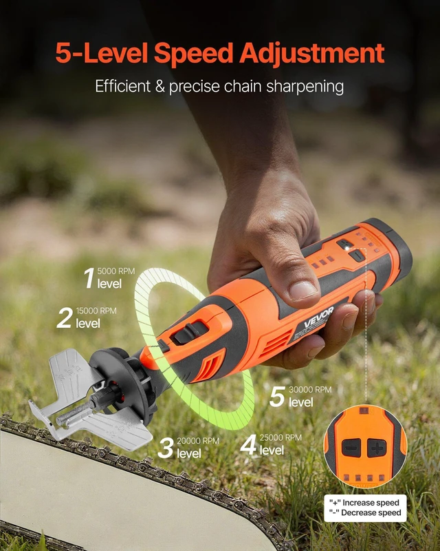 Alt view image 9 of 15 - Cordless Chainsaw Sharpener, 5-Speed Adjustable Electric Saw Chain Sharpener 5000-30000 RPM, Rechargeable Handheld Chainsaw Sharpening Tool with 4 Sharpening Heads & Angle Guide Attachment