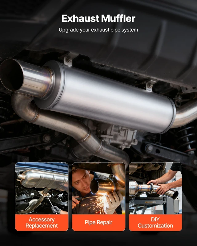 Alt view image 9 of 14 - Exhaust Muffler, 4 Inch Inlet & Outlet, 30 Inch Overall Length Stainless Steel Exhaust Tip, Universal Resonator Round Body, High Performance for Trucks, Sedans, Sports Cars, SUVs & Daily Drivers