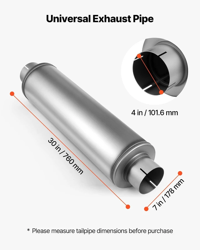 Alt view image 11 of 14 - Exhaust Muffler, 4 Inch Inlet & Outlet, 30 Inch Overall Length Stainless Steel Exhaust Tip, Universal Resonator Round Body, High Performance for Trucks, Sedans, Sports Cars, SUVs & Daily Drivers
