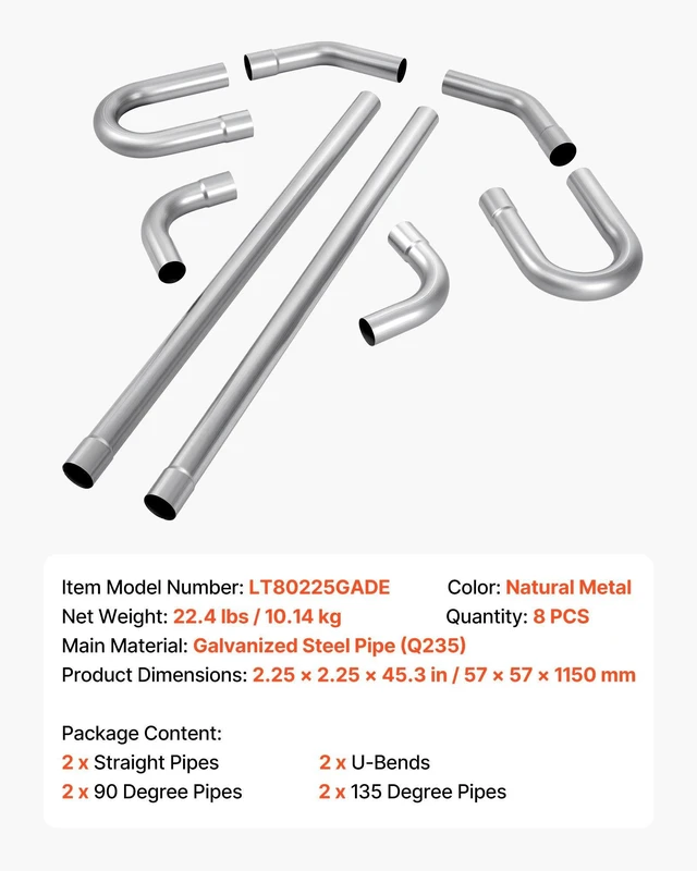 Alt view image 13 of 13 - Exhaust Pipe, 8 Pcs 2.25 Inch Mild Steel DIY Custom Exhaust Tubing Straight & U-Bend Kit with 90 & 135 Degree Pipes, Galvanized Surface Finish, Universal Fit for Truck, Sedan, Sports Car, SUV