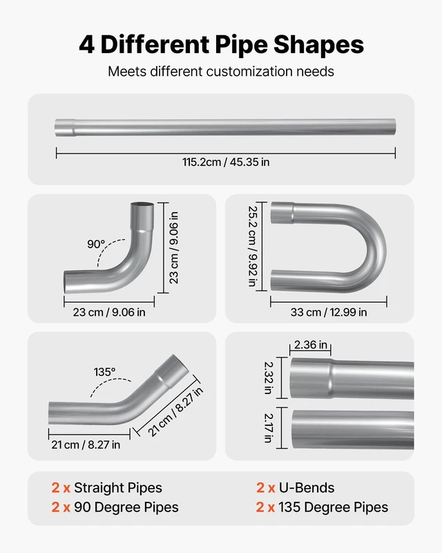 Alt view image 9 of 13 - Exhaust Pipe, 8 Pcs 2.25 Inch Mild Steel DIY Custom Exhaust Tubing Straight & U-Bend Kit with 90 & 135 Degree Pipes, Galvanized Surface Finish, Universal Fit for Truck, Sedan, Sports Car, SUV