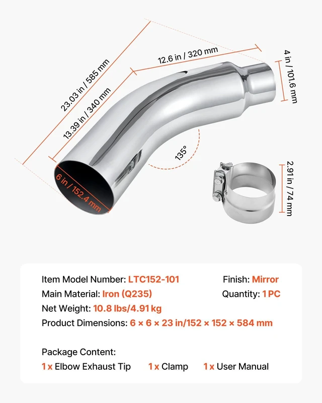 Alt view image 14 of 14 - Elbow Exhaust Tip, 4 Inch Inlet, 6 Inch Outlet, 23 in Overall Length, Chrome Turn Down Exhaust Tip with Clamp for Truck, Sedan, Sports Car, SUV, Chrome Structure for High Temperature Resistance