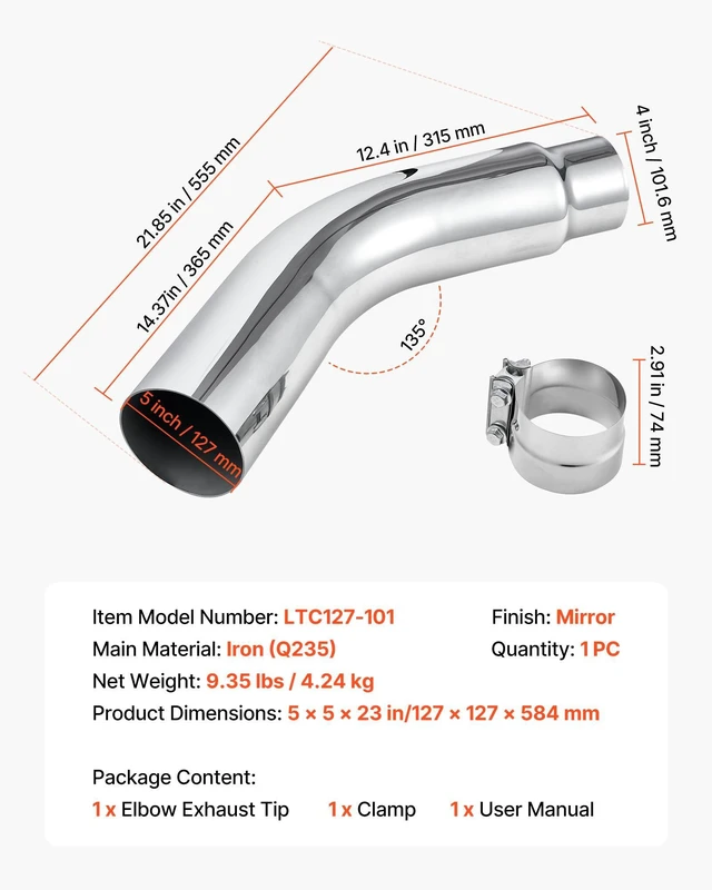 Alt view image 14 of 14 - Elbow Exhaust Tip, 4 Inch Inlet, 5 Inch Outlet, 23 in Overall Length, Chrome Turn Down Exhaust Tip with Clamp for Truck, Sedan, Sports Car, SUV, Chrome Structure for High Temperature Resistance