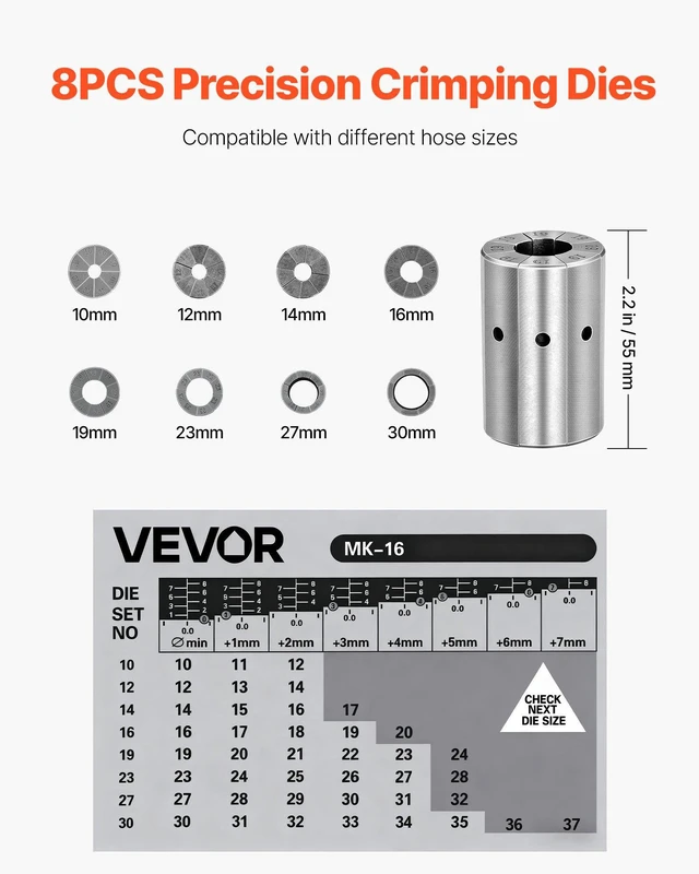Alt view image 3 of 8 - High Pressure Hydraulic Hose Crimper, Manual Hose Crimping Tool with 8 Dies & 0.24"-1.1" Crimping Range, Suitable for Low & High-Pressure Oil Pipes, Gas/Water/Auto AC Hoses & Cable Joints