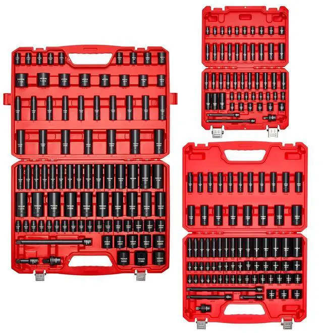 Alt view image 8 of 14 - 210 Piece Drive Impact Socket Set, 1/4, 3/8, 1/2 Inch, 6 Point Deep & Shallow Impact Sockets, SAE (3/16 to 1-1/4 in) and Metric (4 to 32 mm) Sizes with Extension Bars, Cr-V Steel, Carrying Case