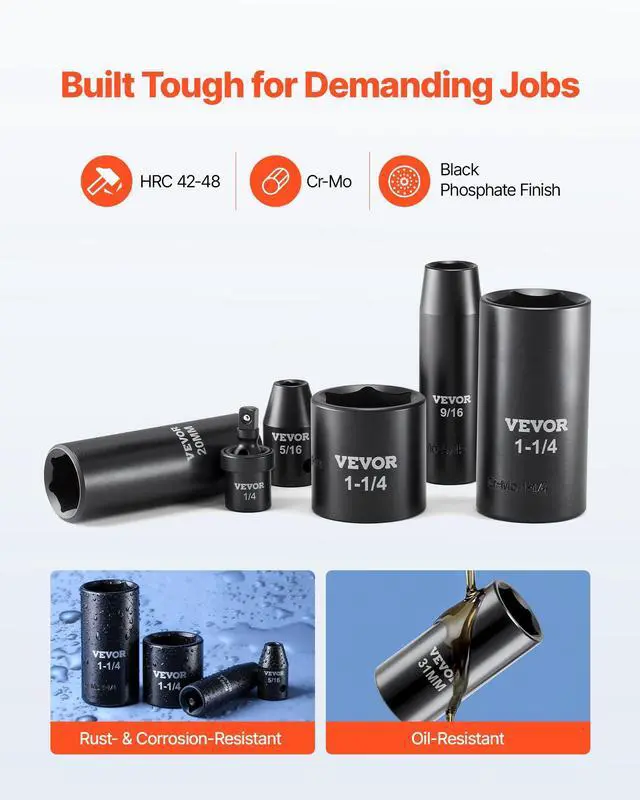 Alt view image 9 of 14 - 210 Piece Drive Impact Socket Set, 1/4, 3/8, 1/2 Inch, 6 Point Deep & Shallow Impact Sockets, SAE (3/16 to 1-1/4 in) and Metric (4 to 32 mm) Sizes with Extension Bars, Cr-V Steel, Carrying Case