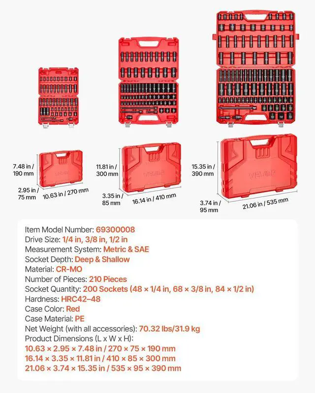 Alt view image 14 of 14 - 210 Piece Drive Impact Socket Set, 1/4, 3/8, 1/2 Inch, 6 Point Deep & Shallow Impact Sockets, SAE (3/16 to 1-1/4 in) and Metric (4 to 32 mm) Sizes with Extension Bars, Cr-V Steel, Carrying Case