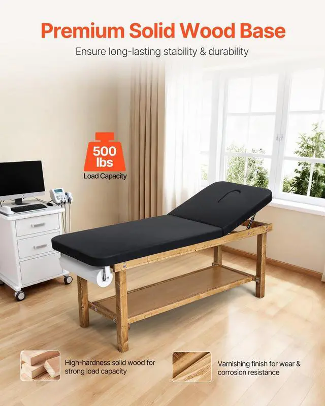Alt view image 9 of 14 - Medical Exam Table, Wooden Framed Medical Examination Bed, Physical Therapy Exam Table with Adjustable Backrest, Storage Shelf & Paper Roll Dispenser for Hospitals Clinics Rehab Centers, 500LBS