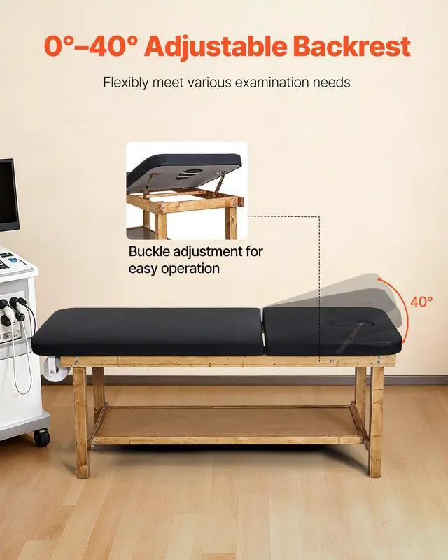 Alt view image 10 of 14 - Medical Exam Table, Wooden Framed Medical Examination Bed, Physical Therapy Exam Table with Adjustable Backrest, Storage Shelf & Paper Roll Dispenser for Hospitals Clinics Rehab Centers, 500LBS