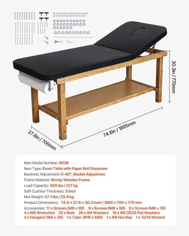 Alt view image 14 of 14 - Medical Exam Table, Wooden Framed Medical Examination Bed, Physical Therapy Exam Table with Adjustable Backrest, Storage Shelf & Paper Roll Dispenser for Hospitals Clinics Rehab Centers, 500LBS