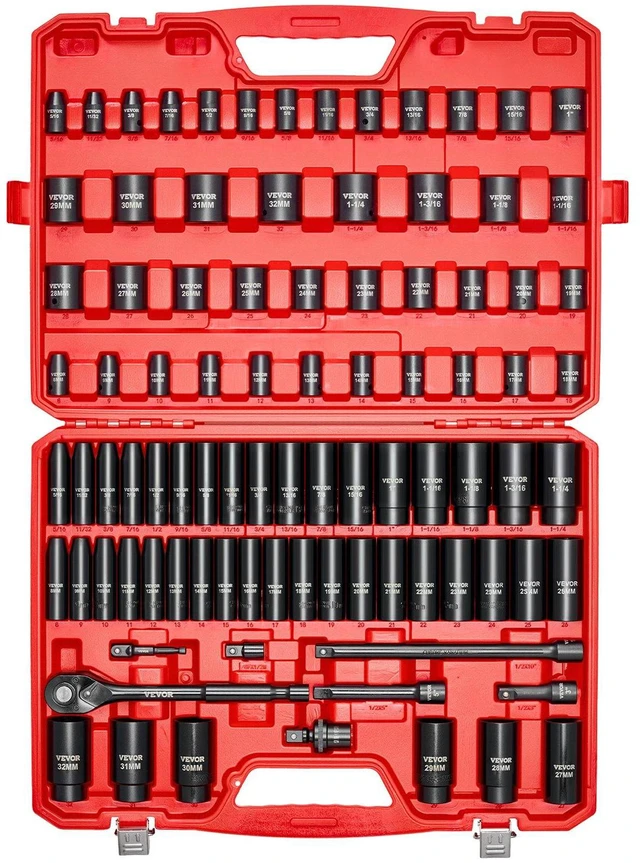 Alt view image 8 of 15 - 1/2 in Drive Impact Socket Set, 91 Piece, 6 Point Deep & Shallow Impact Sockets, SAE (5/16 to 1-1/4 in) and Metric (8 to 32 mm) Sizes with Extension Bars (3, 5, 10 in), Cr-V Steel, Carrying Case