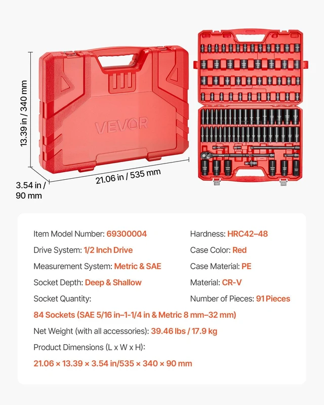Alt view image 14 of 15 - 1/2 in Drive Impact Socket Set, 91 Piece, 6 Point Deep & Shallow Impact Sockets, SAE (5/16 to 1-1/4 in) and Metric (8 to 32 mm) Sizes with Extension Bars (3, 5, 10 in), Cr-V Steel, Carrying Case