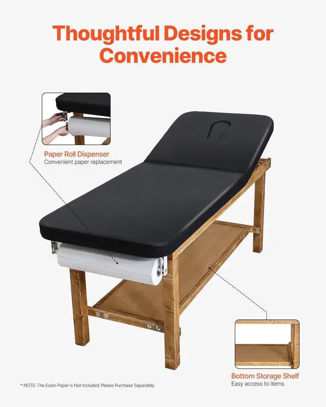 Alt view image 12 of 14 - Medical Exam Table, Wooden Framed Medical Examination Bed, Physical Therapy Exam Table with Adjustable Backrest, Storage Shelf & Paper Roll Dispenser for Hospitals Clinics Rehab Centers, 500LBS