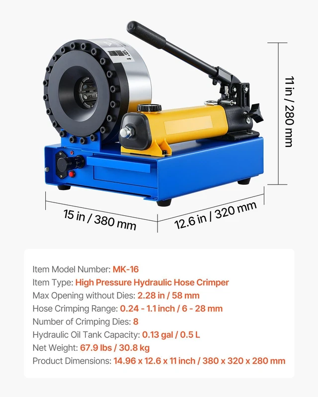 Alt view image 8 of 8 - High Pressure Hydraulic Hose Crimper, Manual Hose Crimping Tool with 8 Dies & 0.24"-1.1" Crimping Range, Suitable for Low & High-Pressure Oil Pipes, Gas/Water/Auto AC Hoses & Cable Joints