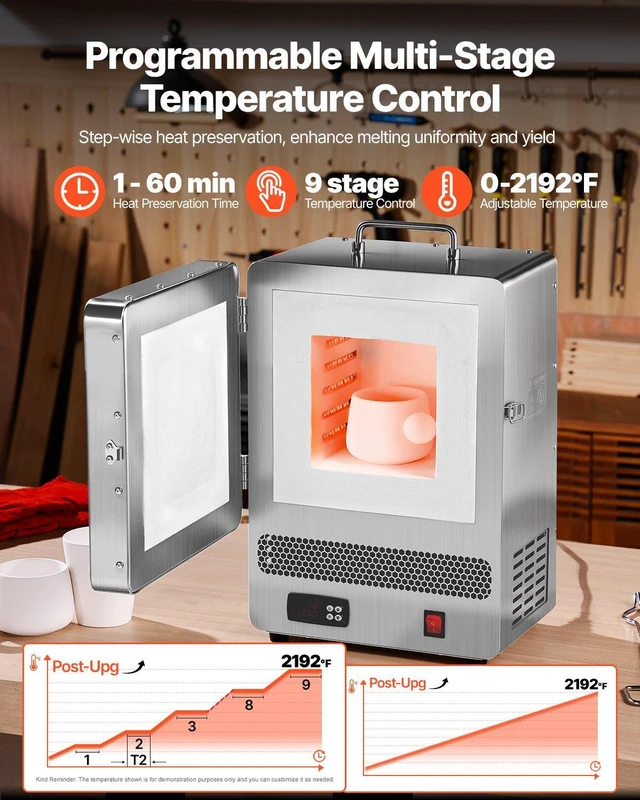 Alt view image 9 of 15 - Tabletop Kiln Melter, 1500W Electric Kiln, 2192 Max Temperature, Stainless Steel, Programmable Gold Melting Furnace for Wax Casting, Clay DIY, Metal Tempering, Glazing on Pottery, Silver