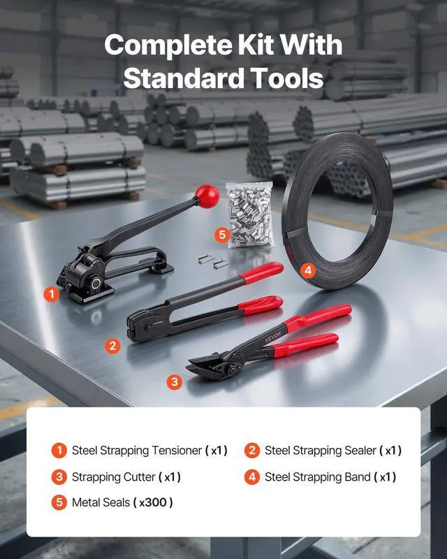 Alt view image 9 of 14 - Steel Banding Strapping Kit, Heavy Duty Banding Sealer Tool with 600 ft Binding Straps, 300 Metal Seals, Manual Pallet Packaging Strapping Kit for Warehouse, Transportation, Industrial Bundling
