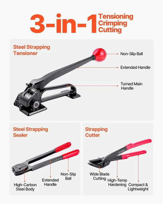 Alt view image 11 of 14 - Steel Banding Strapping Kit, Heavy Duty Banding Sealer Tool with 600 ft Binding Straps, 300 Metal Seals, Manual Pallet Packaging Strapping Kit for Warehouse, Transportation, Industrial Bundling