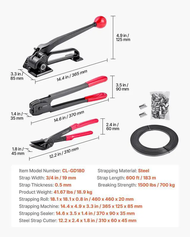 Alt view image 14 of 14 - Steel Banding Strapping Kit, Heavy Duty Banding Sealer Tool with 600 ft Binding Straps, 300 Metal Seals, Manual Pallet Packaging Strapping Kit for Warehouse, Transportation, Industrial Bundling