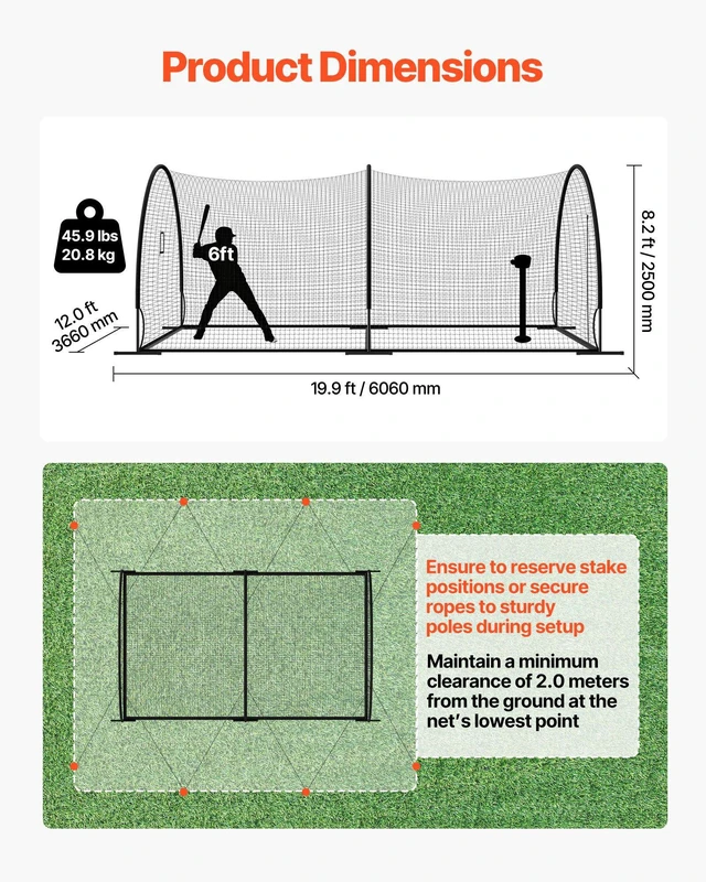 Alt view image 9 of 14 - Baseball Batting Cage, 19.9 x 12.0 x 8.2 FT Freestanding Portable Batting Cage, Hitting Cages with 30-Ply Knotted HDPE & Pitching Machine Opening, Battings Cages Netting for Indoor Outdoor