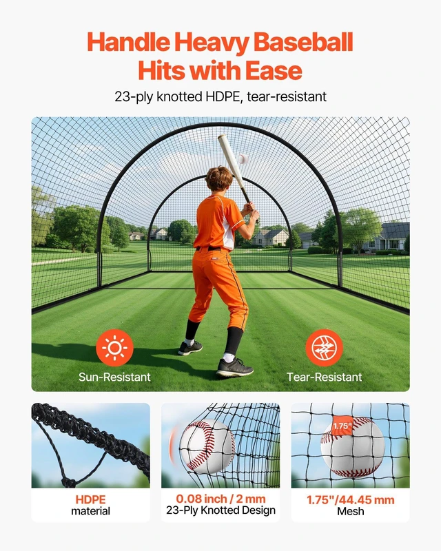 Alt view image 11 of 14 - Baseball Batting Cage, 19.9 x 12.0 x 8.2 FT Freestanding Portable Batting Cage, Hitting Cages with 30-Ply Knotted HDPE & Pitching Machine Opening, Battings Cages Netting for Indoor Outdoor