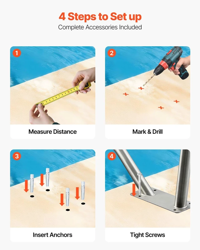Alt view image 12 of 15 - Pool Rail, 48 x 36 inch Pool Handrail, 220 lbs Load Capacity Heavy Duty 304 Stainless Steel Swimming Handrail, Detachable Nonslip Sleeve, Rich Accessories, for Poolside, Water Parks, Spa Centers