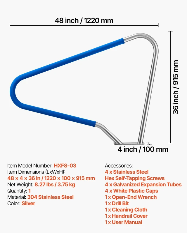 Alt view image 14 of 15 - Pool Rail, 48 x 36 inch Pool Handrail, 220 lbs Load Capacity Heavy Duty 304 Stainless Steel Swimming Handrail, Detachable Nonslip Sleeve, Rich Accessories, for Poolside, Water Parks, Spa Centers