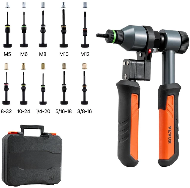 Main image of VEVOR Rivet Nut Tool Kit, 9-Inch Ratchet Rivnut Tool Kit, with 10 Mandrels and 100 Nuts, Metric and SAE Size M5, M6, M8, M10, M12, 8-32, 10-24, 1/4-20, 5/16-18, 3/8-16 UNC, with a Rugged Carrying Case