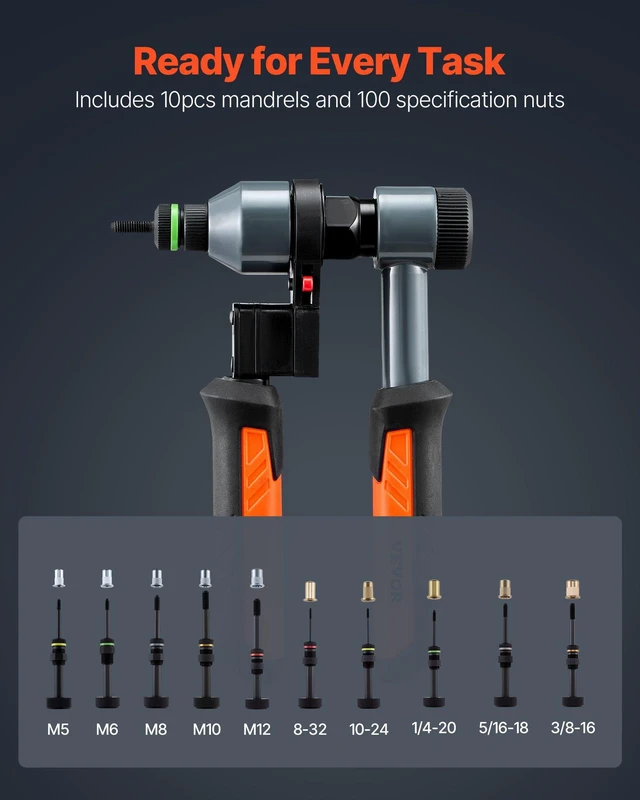 Alt view image 2 of 8 - VEVOR Rivet Nut Tool Kit, 9-Inch Ratchet Rivnut Tool Kit, with 10 Mandrels and 100 Nuts, Metric and SAE Size M5, M6, M8, M10, M12, 8-32, 10-24, 1/4-20, 5/16-18, 3/8-16 UNC, with a Rugged Carrying Case