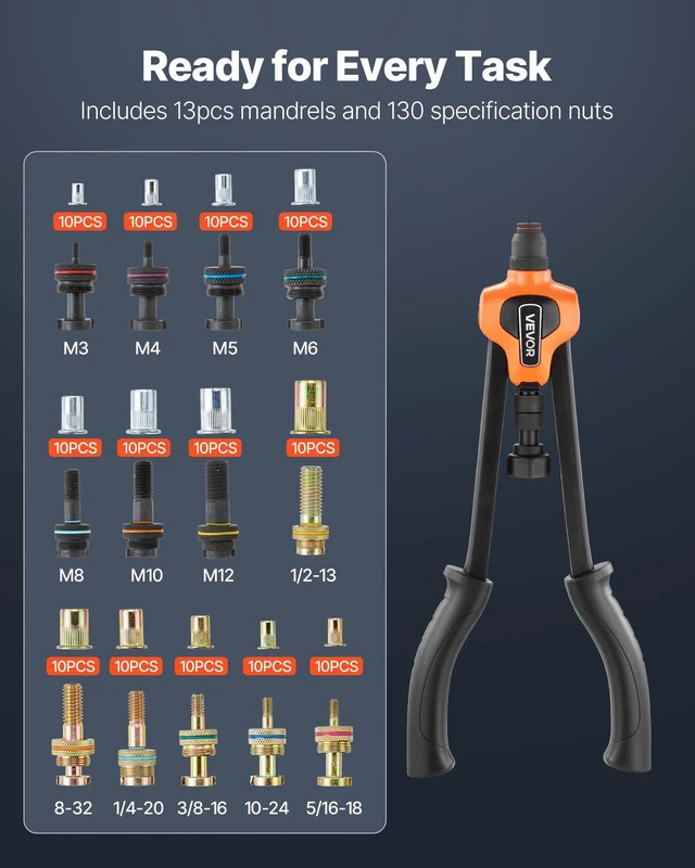 Alt view image 2 of 8 - VEVOR Rivet Nut Tool Kit, 17-Inch Rivnut Tool Kit, with 13 Mandrels and 130 Nuts, Metric and SAE Size M3, M4, M5, M6, M8, M10, M12, 1/2-13, 8-32, 10-24, 1/4-20, 5/16-18, 3/8-16 UNC, a Carrying Case