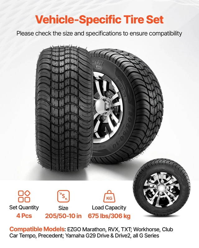 Alt view image 2 of 8 - VEVOR Golf Cart Wheels, 10" 205/50-10 Black Aluminum Alloy Golf Cart Tires and Wheels Combo (Set of 4) Fit Club Car, EZGO, Yamaha, 4 Ply Rubber 4-Lug Lawn Mower Tires & Rims, 675 lbs Load, All-Terrain