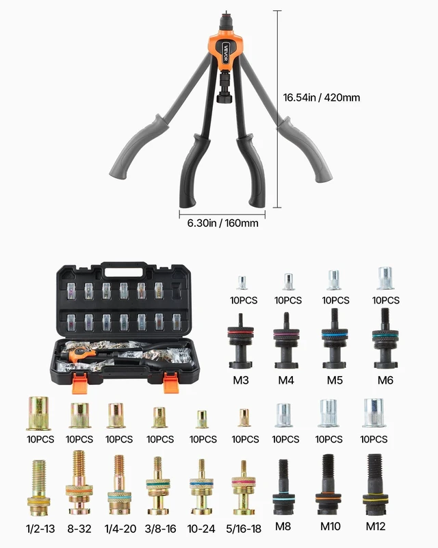 Alt view image 7 of 8 - VEVOR Rivet Nut Tool Kit, 17-Inch Rivnut Tool Kit, with 13 Mandrels and 130 Nuts, Metric and SAE Size M3, M4, M5, M6, M8, M10, M12, 1/2-13, 8-32, 10-24, 1/4-20, 5/16-18, 3/8-16 UNC, a Carrying Case