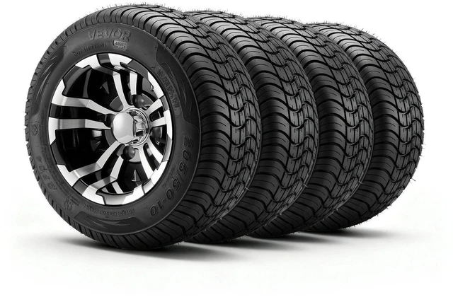 Main image of VEVOR Golf Cart Wheels, 10" 205/50-10 Black Aluminum Alloy Golf Cart Tires and Wheels Combo (Set of 4) Fit Club Car, EZGO, Yamaha, 4 Ply Rubber 4-Lug Lawn Mower Tires & Rims, 675 lbs Load, All-Terrain