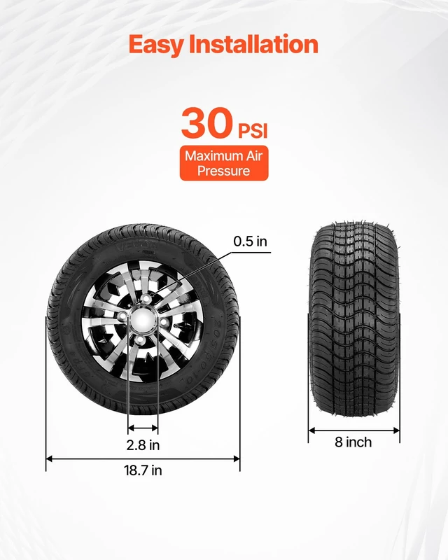Alt view image 6 of 8 - VEVOR Golf Cart Wheels, 10" 205/50-10 Black Aluminum Alloy Golf Cart Tires and Wheels Combo (Set of 4) Fit Club Car, EZGO, Yamaha, 4 Ply Rubber 4-Lug Lawn Mower Tires & Rims, 675 lbs Load, All-Terrain
