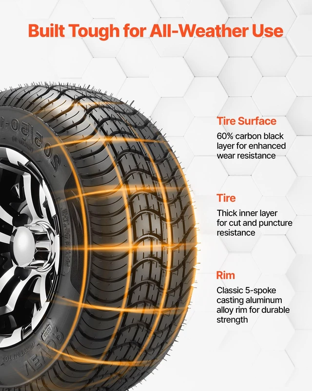 Alt view image 5 of 8 - VEVOR Golf Cart Wheels, 10" 205/50-10 Black Aluminum Alloy Golf Cart Tires and Wheels Combo (Set of 4) Fit Club Car, EZGO, Yamaha, 4 Ply Rubber 4-Lug Lawn Mower Tires & Rims, 675 lbs Load, All-Terrain