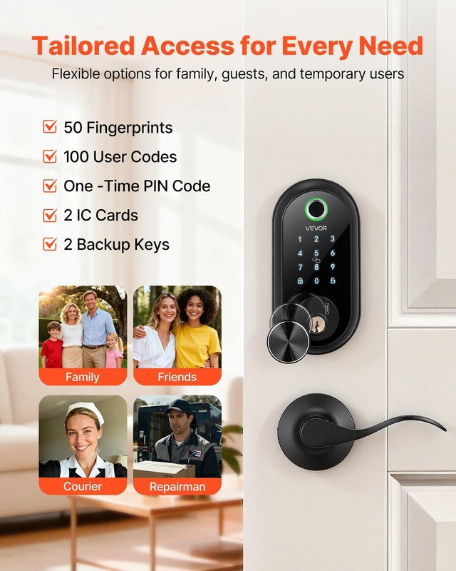 Alt view image 2 of 8 - VEVOR Fingerprint Door Lock Set, Electronic Biometric Deadbolt Keyless Entry Door Lock with Handle, Touchscreen, Auto Locking, One-Time Code, Anti-Peeking Password, IC Cards, for Home, Matte Black