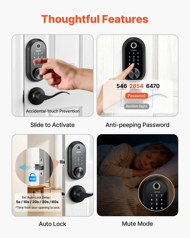 Alt view image 5 of 8 - VEVOR Fingerprint Door Lock Set, Electronic Biometric Deadbolt Keyless Entry Door Lock with Handle, Touchscreen, Auto Locking, One-Time Code, Anti-Peeking Password, IC Cards, for Home, Matte Black