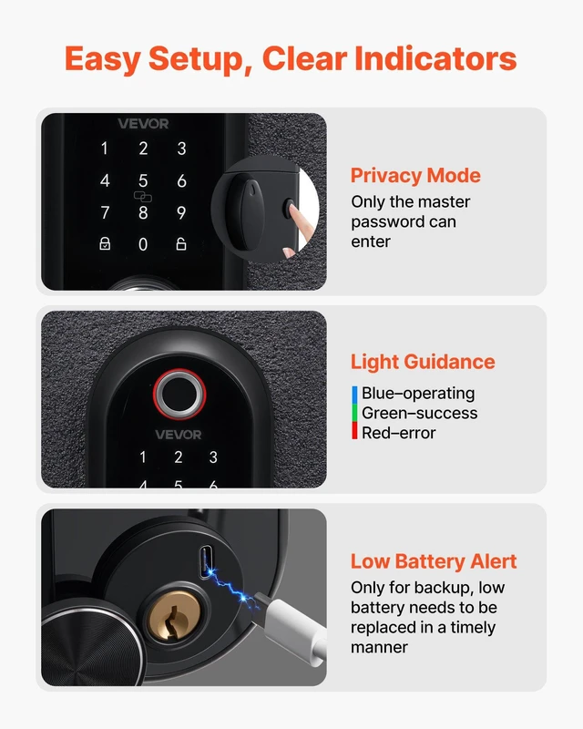 Alt view image 7 of 8 - VEVOR Fingerprint Door Lock Set, Electronic Biometric Deadbolt Keyless Entry Door Lock with Handle, Touchscreen, Auto Locking, One-Time Code, Anti-Peeking Password, IC Cards, for Home, Matte Black
