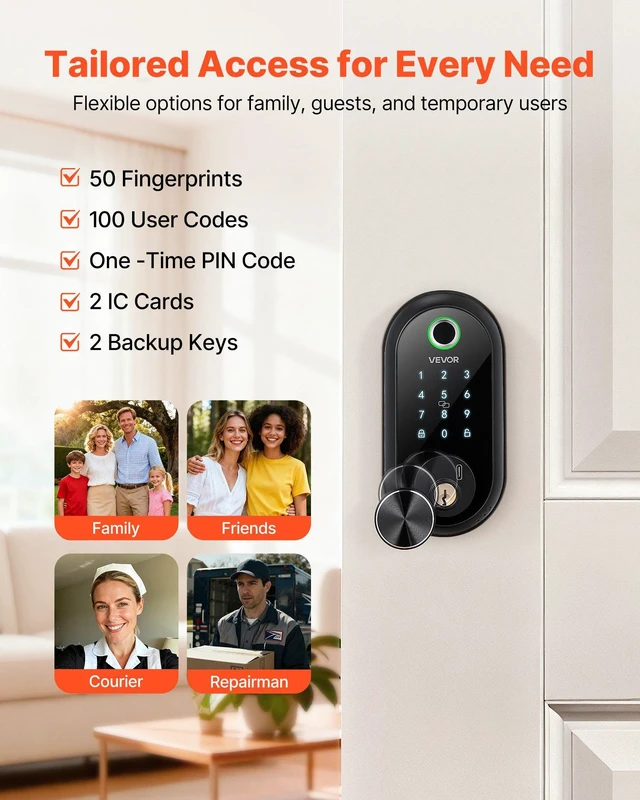 Alt view image 2 of 8 - VEVOR Fingerprint Door Lock, Electronic Biometric Deadbolt with Touchscreen, Auto Locking, One-Time Code, Anti-Peeking Password, Keyless Entry Door Lock with IC Cards, for Home, Apartment, Matte Black